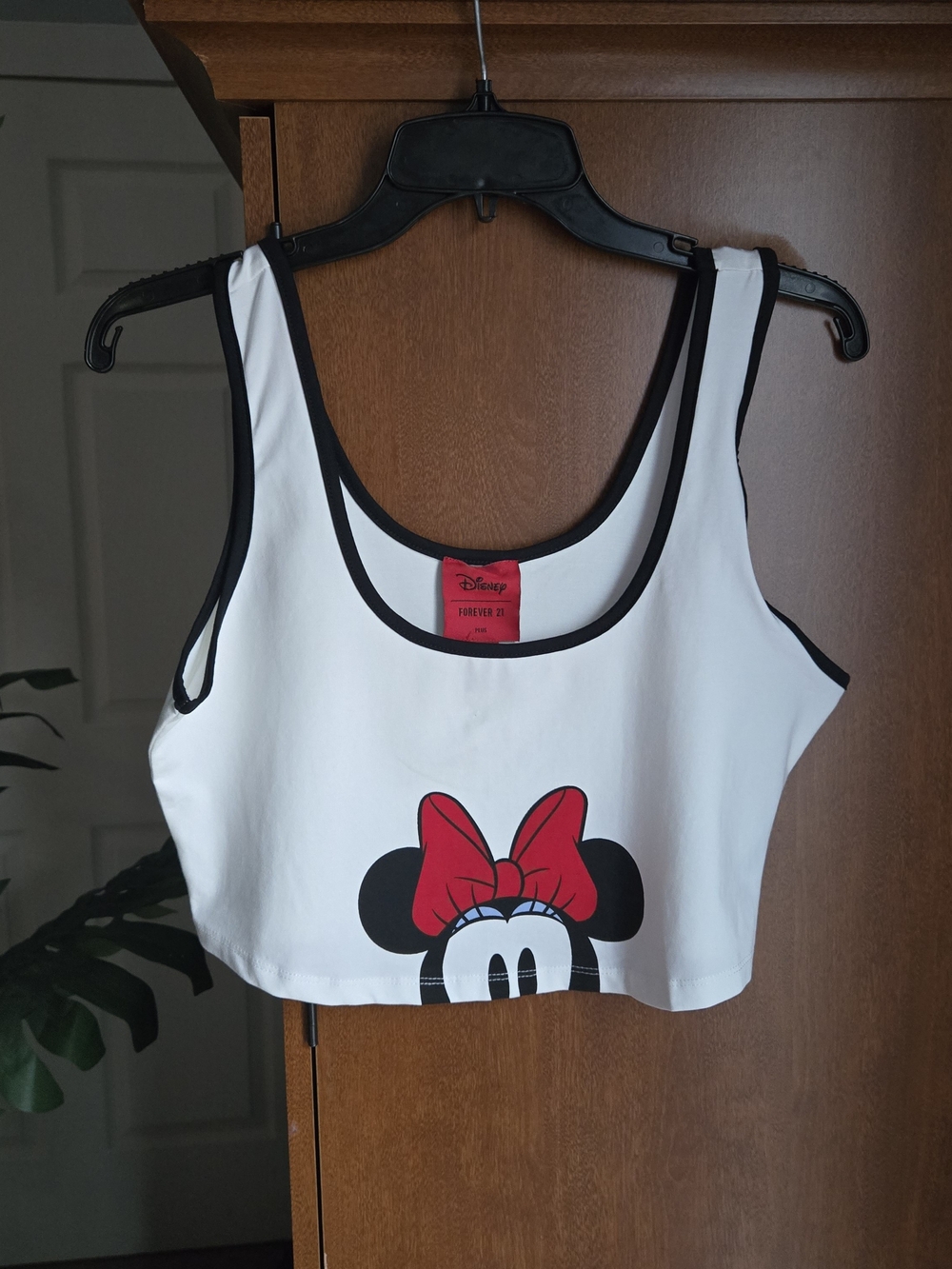 Disney White Crop Top with Black Trim and Red Bow Graphic